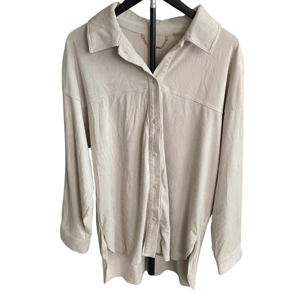 Elie Tahari Faux Suede Button Down Shirt Beige XL Long Sleeve High Low Hem